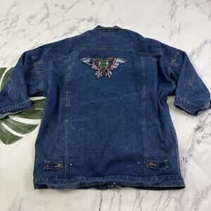 East West Womens Vintage 80s Denim Jean Jacket Plus Size 2x Butterfly Beaded